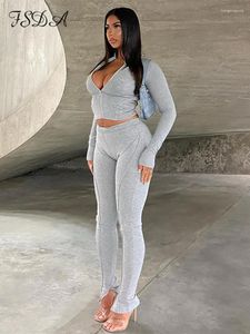 Pantaloni a due pezzi da donna FSDA scollo a V manica lunga top corto e leggings grigio 2024 set donna sportiva tuta casual streetwear Y2K