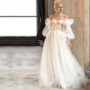 Abiti da sposa staccabili con maniche a sbuffo A-Line Glitter morbido tulle Abiti da sposa Vestido De Noiva Illusion Boho Abito da sposa