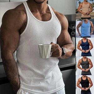 Erkek Tank Tops 2024 Yaz Örme Fitness Top Racerback İnce Fit Dikey Şerit Sporları Nefes Alabilir Kolsuz