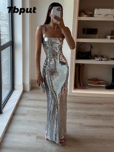Sexy Backless Silvery Sequins Sling Maxi Dresses Women Elegant High Waist Bodycon Sleeveless Robes Female Evening Party Vestidos 240115