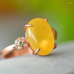 Anéis de cluster Genuíno Báltico Âmbar Mulheres Cura Gemstone Fine Jewelry Natural Zircon Rose Anel de Ouro Ajustável Anillos Mujer