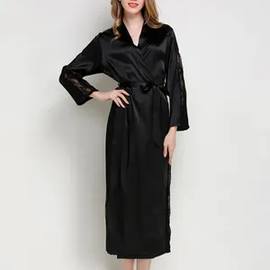 Women's Sleepwear Silk Satin Robes Womens Long Sleeve Pajamas Nightwear Femme Lounge Pyjama Black Cardigan Spring Summer Nightgowns