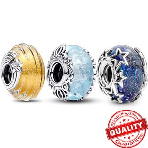 Real Sterling Sier Shooting Star Vidro Charme Fit Pulseira Galaxy Azul Murano Para Mulheres Pulseiras Jóias Finas