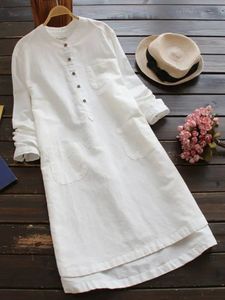 Zanzea Women Vintage Long Sleeve Solid Mini Dress 2023 Autumn Cotton Linen Shirt Vestido Casual Top Blusas Robe Femininas 240115