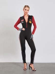 Costume de pilotos femininos Halloween Cosplay Roupas de manga longa com zíper de retalhos de retalhos Slim Monacy Motorcycle Romper Streetwear 240115