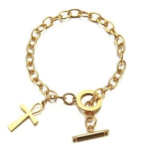 Egypt Ankh Cross Amulet Charm Bracelet Female Golden Color 14k Yellow Gold Chain Bracelets for Women Egyptian Jewelry Gift