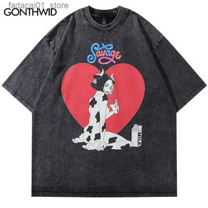 メンズTシャツメンズレトロヒップホップTシャツハート面白い牛ガールプリントTシャツカジュアルサマーY2KユニセックスハイストリートハラジュクストリートウェアQ240116