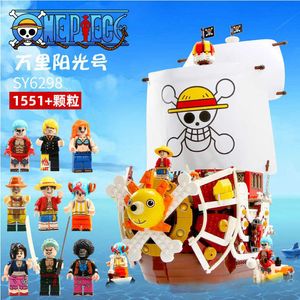 Anime één stuk gaat Merry Pirates Ship Block Set Diy 1048pcs Luffy Boat Model Building Brick Toy voor kinderen Q0723