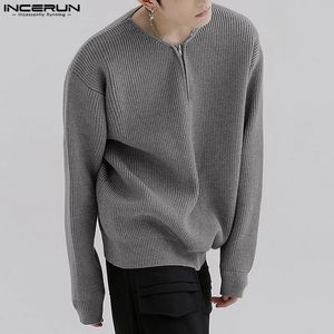 Корейский стиль, повседневные топы в простом стиле, INCERUN, мужские повседневные универсальные свитера, модные вечерние однотонные пуловеры с полумолнией, S-5XL 240115