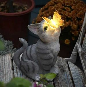 Lampy trawnikowe ogrodowe Solar Butterfly Cat LED LED Lampa na zewnątrz Ozdoba Ozdoba Śliczna zwierzęcy Luminous Light Outdoor Balcony Dekoracja sztuki YQ240116