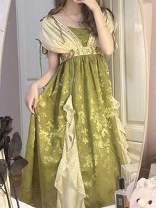 Parti Elbiseleri 2024 Yaz Peri Yeşil Gece Elbise Vintage Vintage V Boyun Çiçek Dantel Çırpma Midi Bir Çizgi Kabarık Kollu Balo Elbisesi