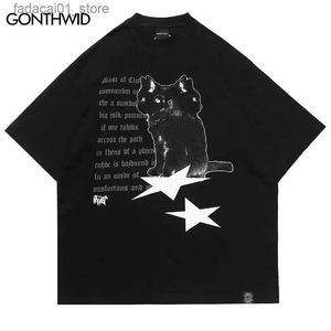 Homens camisetas 2023 novo streetwear tshirt preto gatos estrela gráfico camiseta oversized homens algodão t-shirt hip hop solto tops tees harajukuq240116