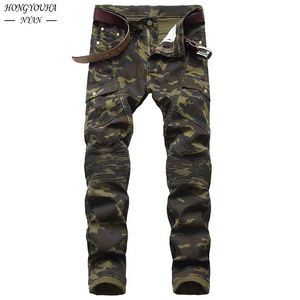 Moda militar camuflagem jeans masculino magro tendência hip hop em linha reta exército verde bolso carga denim juventude marca calças 240115
