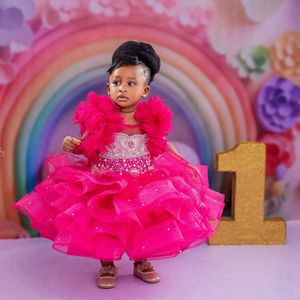 Fuchsia Flower Girl Dresses Strapless Rehinestones Princess Queen Communion Dress Tiered Tulle Little Kids First Birthday Daughter and Mother Dresses Gowns F026