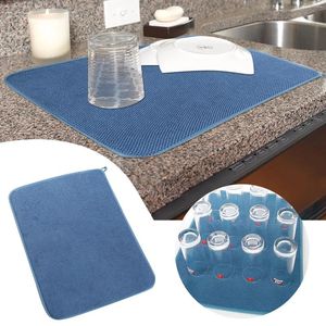 Bordmattor Blue Dish Dying Mat Ultrafine Fiber Absorberande Fast Place Drain Dray Pot Cup Round Dining för 2 Set