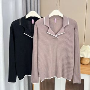 Stylish Lapel Block Color Sweaters Plus Size Women Clothing Autumn Winter Slim Knitting Pullover Jumpers C26 2376 240116