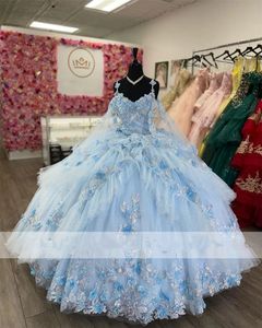 Sky Mavisi Prenses Balo Elbise Quinceanera Elbiseler Yay ışıltılı aplikler Sequins Vestidos de 15 Anos