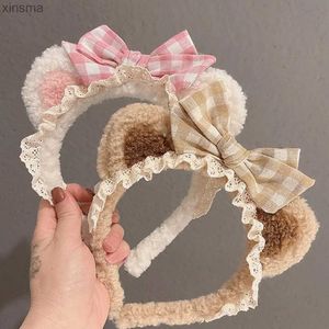 Stirnbänder Mode Haar Hoop Kopfschmuck Plaid Bogen Machen up Plüsch Katze Ohren Frauen Zubehör Spitze Haar Band Korea Stil Stirnband YQ240116