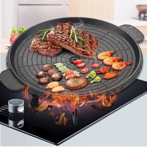 3 Form 32 cm koreanska Maifan Stone Grill Pan Non-Stick Portable Hushåll utomhus BBQ Platta rökfri aluminiumbricka 240116