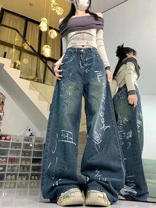 Jeans da donna a vita alta Sexy estetica retrò Graffiti Moda casual sciolto Y2K Street Shoot Pantaloni dritti a gamba larga