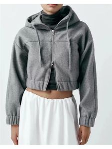 Damen Hoodies Damen 2024 Casual Langarm Grau Lose Frühling Herbst Mode Reißverschluss Elastische Taille Kurze Kapuzen-Outwear