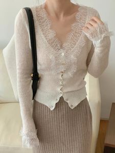 Colorfaith Korean Fashion Chic Vintage Sweater Lace Women Autumn Winter Knitted V-Neck Cardigans Elegant Tops SWC3563JX 240115