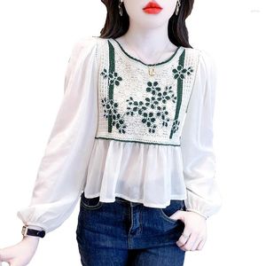 Blusas de mujer Chicas Vintage Gasa Costura Ahueca hacia fuera Blusa de tejido jacquard Ropa de mujer Moda femenina Casual Tops para mujer lindos