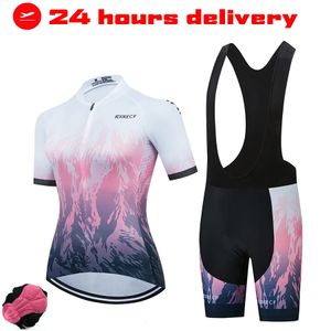 RXKECF Pro Kadın Kısa Kollu Bisiklet Jersey Set Spor Kıyafet Bisiklet Giyim Kiti MTB Maillot Bisikletçi Bisiklet Kıyafetleri 240116