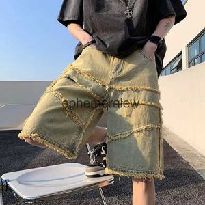 Men's Shorts Summer raw edge denim shorts men trendy yellow dyed five-point pants tide brand ins retro loose straightephemeralew