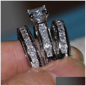 Pierścionki ślubne Vecalon Fine Jewelry Princess Cut 20ct Cz ​​Diamond zaręczynowy Zestaw Pierścień Wedding Pierścień dla kobiet 14KT Białe Złoto Fin Dhbjt