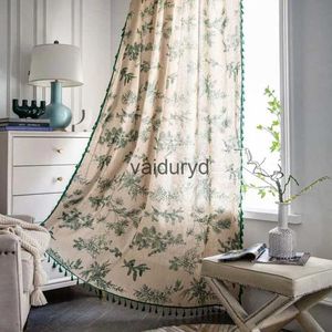 Cortina de folhas verdes cortina de linho de algodão para sala de estar com borla janela cortinas haste bolsos porta armário valance decoração do quarto 240vaiduryd