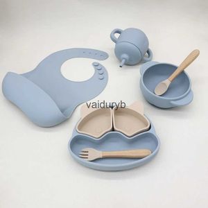 Tazze Piatti Utensili 8 pezzi Set pappa per bambini Senza BPA Aspirazione Ciotola Piatti staccabili Piatto Manico in legno Cucchiaio Forchetta Bavaglini in silicone ldren Stoviglievaiduryb