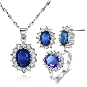 Necklace Earrings Set 3pcs Pack Luxury Blue Color Sunflower Bride Dubai For Women Lady Anniversary Gift Jewelry Wholesale