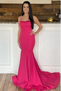 2024 Trumpet Long Prom Dress Light Blue Fuchsia Evening Gowns Beaded Cross Straps Party Dresses Sweep Train