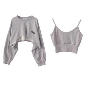 Women's Fashion Asymmetrical Cropped Camis Sweatshirt 2 Piece Casual Solid Long Sleeve Female Pullovers Chic Tops 240115