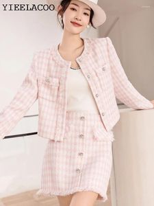 Work Dresses Tweed Jacket Skirt Suit Pink Plaid Fashion Professional Set Slimming Women's Autumn/Winter 2-Piece