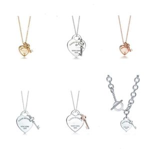 Classics 925 Sterling Silver Heart Key Gold Plated Diamond Necklace Popular Love Pendant Collar Chain FKH0