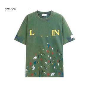 2023 Designer Luxury Lanvins Classic Hand Painted Graffiti Speckled Short Sleeve T-Shirt för män och kvinnor Trendiga Lossa bekväma 1467