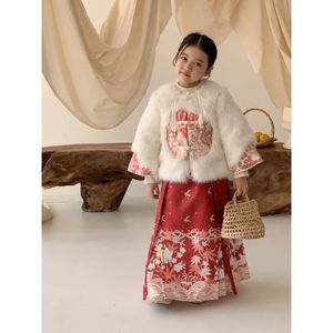 Kızların Yıl Giysileri Takım Kış Giysileri Çin Stili Han Kostüm Antik Kostüm Kadınlar Bebeği Kapitone Kürk Ceket At Yüz S 240115