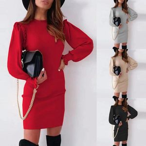 Casual Dresses Women Package Hip Dress Fashion Solid Color Autumn and Winter kjolar Eleganta kläder Slim Fit Peach