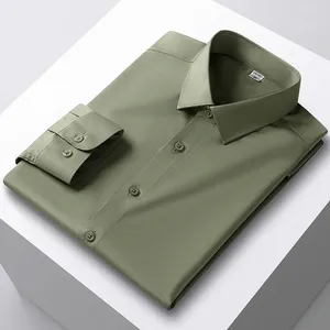 Camisas de vestido masculinas luxo longo dormiu suave e macio estilo coreano resistente à cor sólida camisa formal de negócios branco azul preto verde