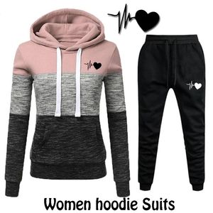 Moda kadın gündelik hoodiespants 2 adet takım elbise bayanlar izleme spor seti jogging pantolon 240115