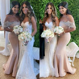 Nuke Pink Bridesmaid Dresses Mermaid Off Sholend Maid of Honor Dress Beaded Lace Bride Gowns for African黒人女性女子結婚