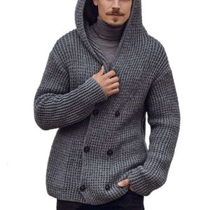 Outono e inverno novo masculino duplo breasted cardigan com capuz camisola cor sólida manga comprida jaqueta de malha para homem