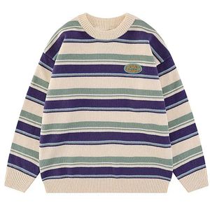 Japon Patchwork Çizgili Süveter Erkekler Örgü Kış Retro Vintage Harajuku Pullover Örgü Nakış Örgü Süveter 240115