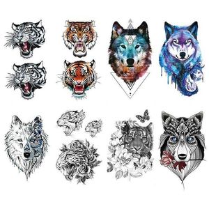 Tier-Tattoo-Stick, Tigerkopf, Wolf, geometrische Form, Windanzug, Wassertransferdruck, Blumenarmaufkleber