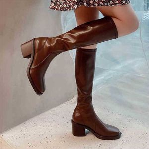 Boots Autumn Winter Women Knee High Square Toe Chunky Heels 7cm Fashion burgundy Stretch pu high 220906