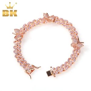 THE BLING KING Kupfer 9 mm glänzendes CZ Cuban Link Schmetterlingsarmband Roségold Unisex Punk Miami 9 Zoll Kette Mischfarbe 240115