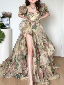 Abiti da festa con volant floreali lunghi da fata da donna 2024 estate elegante dolce abito da principessa moda femminile coreano diviso casual