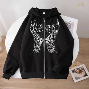 Sweatshirts Butterfly Artistic Gothic Ins Y2K Zipper Women's Hoodies Sweatshirt Loose Oversized Harajuk High Street Streetwear Coat Tops